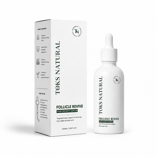 Toks Natural Follicle Revive hair growth serum bottle and packaging on a white background