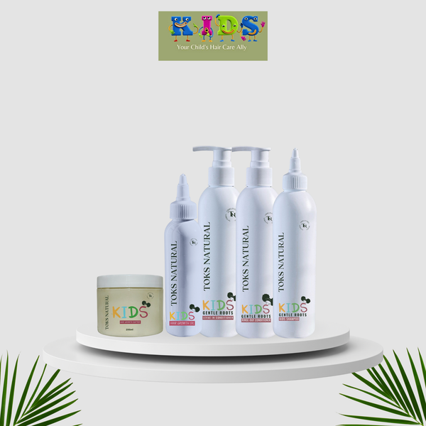 TOKS Natural Kids hair care products on a white platform with a branded logo in the background.