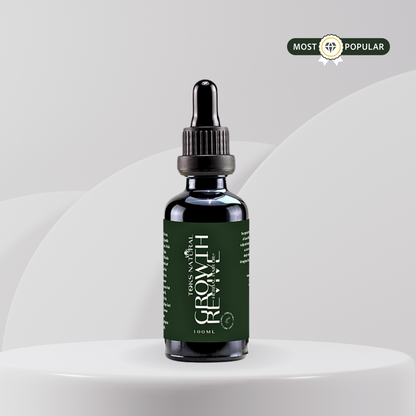 Bottle of 'Growth Revive oil' on a white pedestal with a gray background
