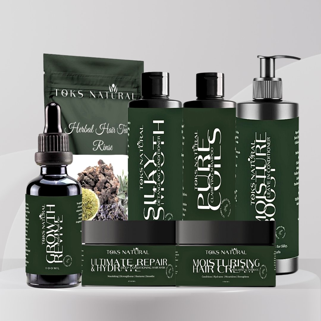 Complete hair care set with shampoo, conditioner, deep conditioner, tea rinse, and hair oil.