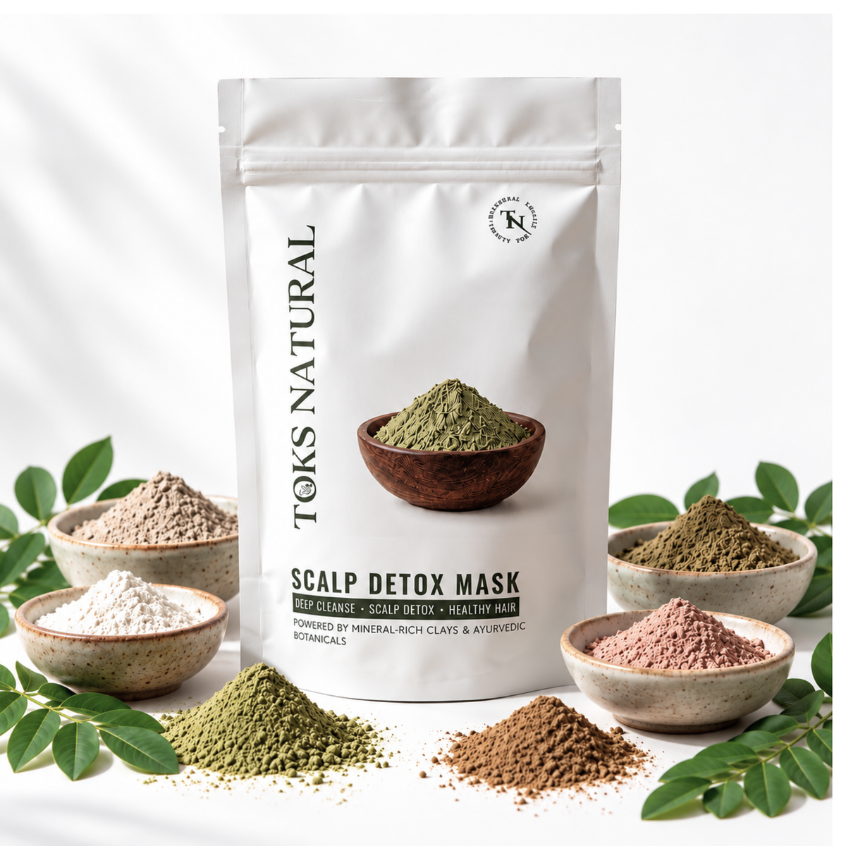 A white stand-up pouch labeled 'Toks Natural Scalp Detox Mask' stands centered on a clean white background, surrounded by small bowls of loose herbal powders and green leaves. The pouch shows a green powder bowl photo and text including 'Scalp Detox Mask' and 'Powered by Mineral Rich Clays & Ayurvedic Botanicals.