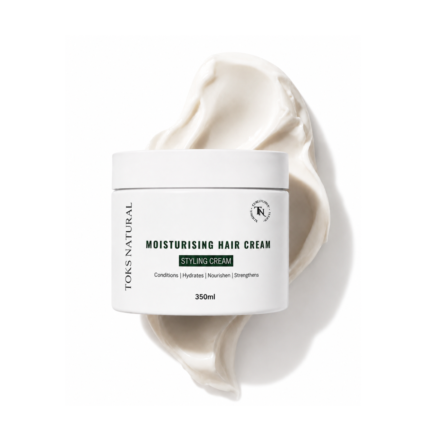 A white jar of Toks Natural Moisturising Hair Cream styled with a swirl of the cream behind it on a clean white background.