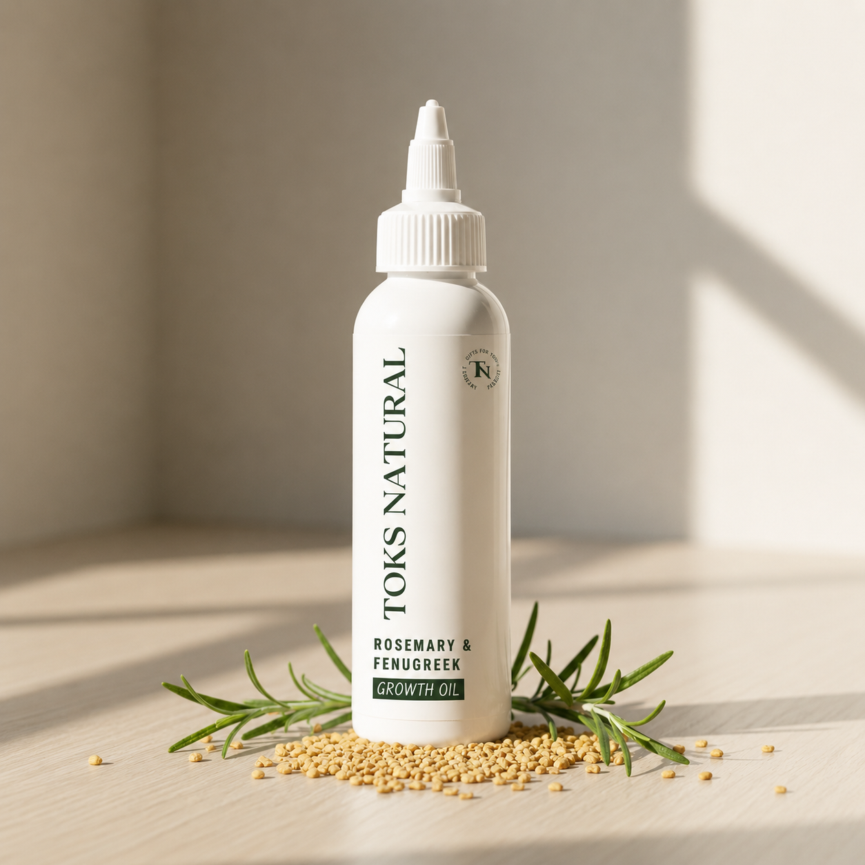 Toks Natural rosemary and fenugreek growth oil bottle on a neutral background with herbs.