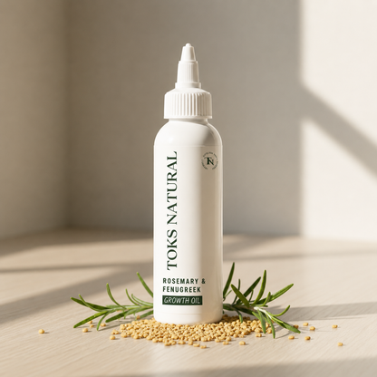 Toks Natural rosemary and fenugreek growth oil bottle on a neutral background with herbs.