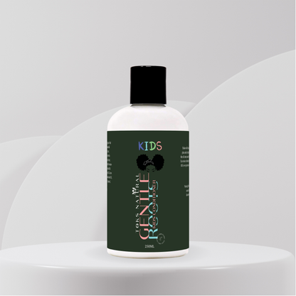 Gentle Roots Kids Rinse-Out Conditioner bottle with natural ingredients like Shea Butter, Aloe Vera, and Almond Oil, handmade to detangle and nourish kids’ hair.