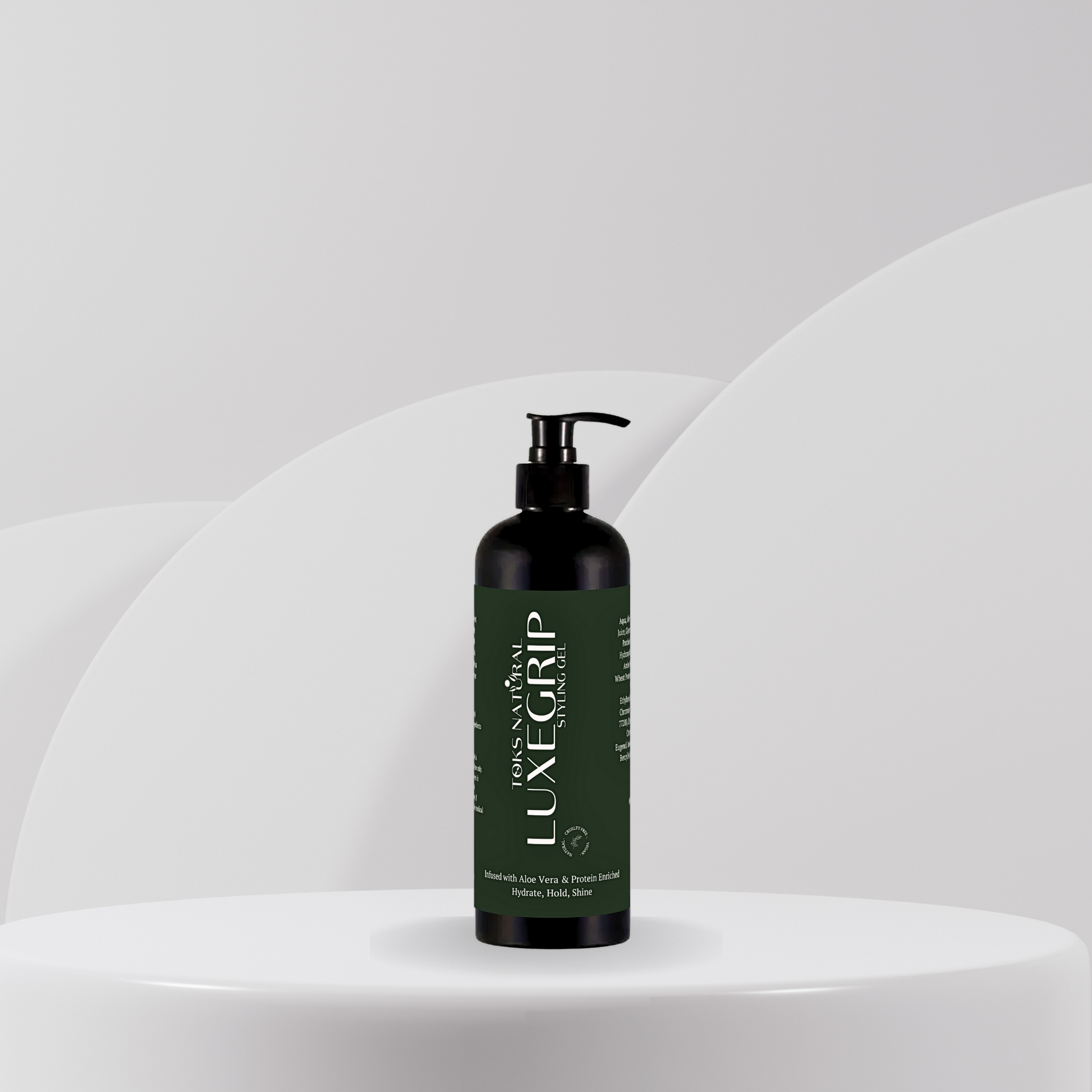 LuxeHold Hair Styling Gel bottle with natural ingredients like Aloe Vera, Silk Amino Acids, and Wheat Protein, handmade for strong hold and healthy hair.