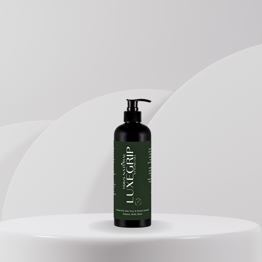 LuxeHold Hair Styling Gel bottle with natural ingredients like Aloe Vera, Silk Amino Acids, and Wheat Protein, handmade for strong hold and healthy hair.