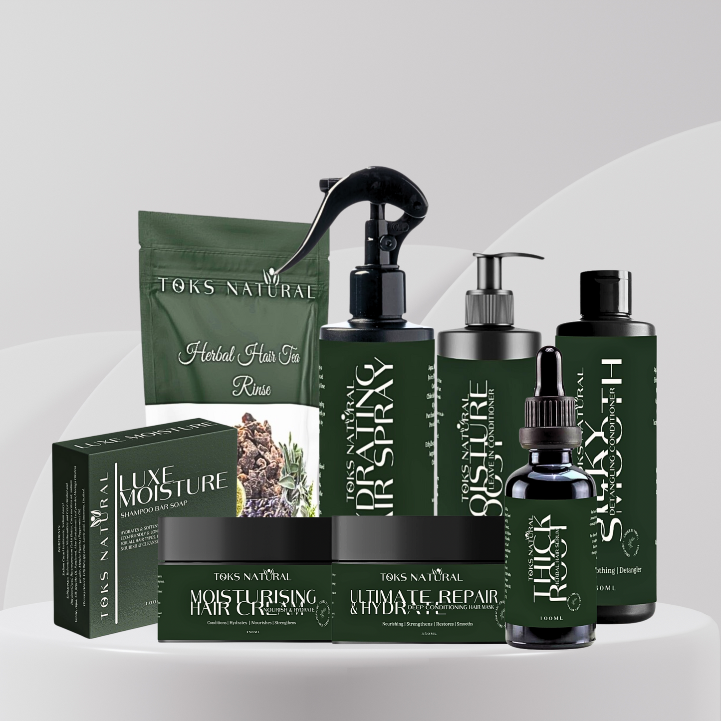 Thick Roots Strength & Growth Bundle – A premium hair care set for strengthening weak strands, promoting thicker hair growth, and reducing shedding. Includes herbal hair serum, deep conditioner, leave-in conditioner, shampoo bar, tea rinse, detangling conditioner, hydrating spray, and styling cream.