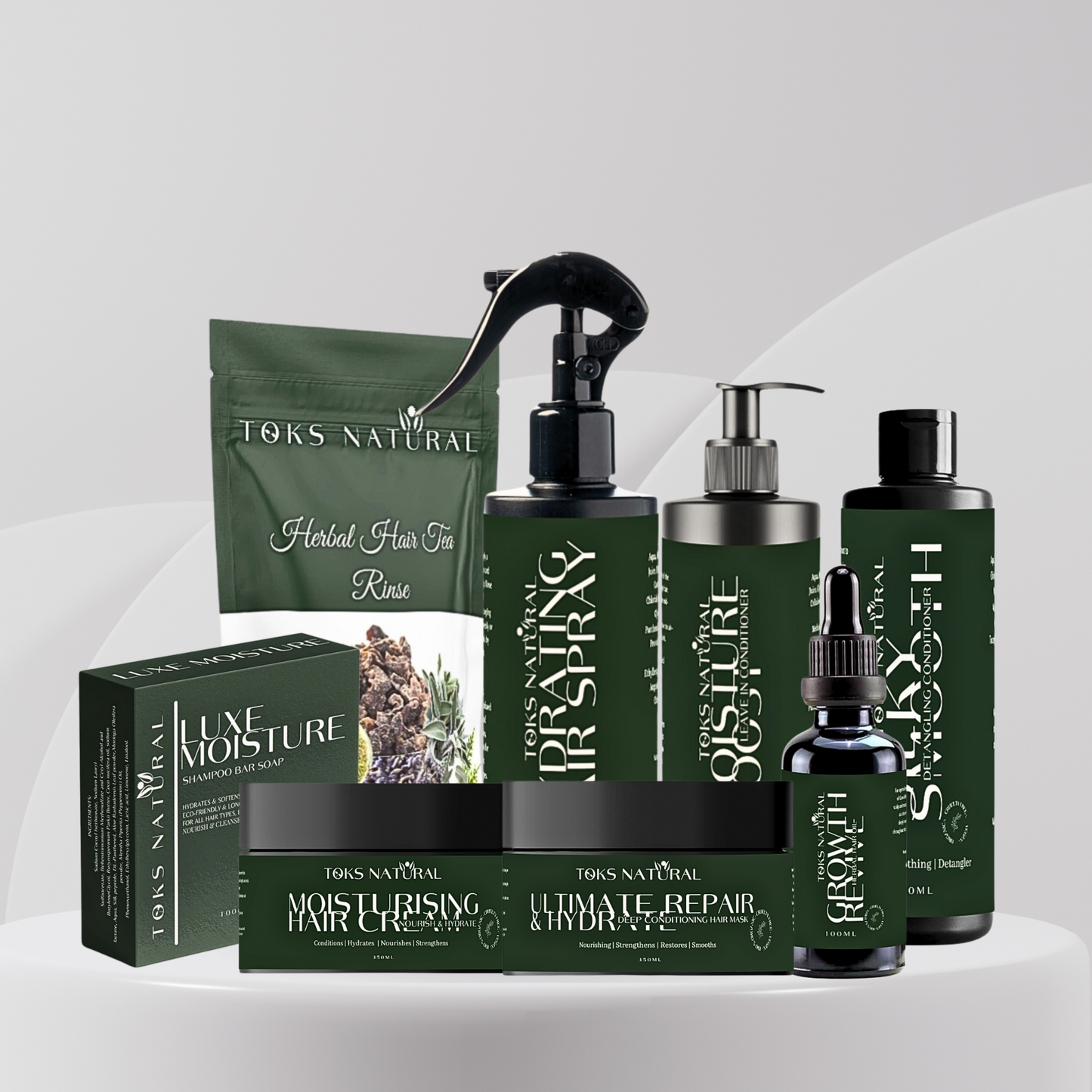 Ultimate Hair Growth & Moisture Bundle – A complete hair care set for deep hydration, scalp nourishment, and frizz control. Includes herbal hair oil, deep conditioner, leave-in conditioner, shampoo bar, tea rinse, detangling conditioner, hydrating spray, and styling cream.