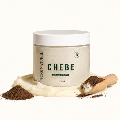 Jar of 'Chebe' hair growth butter with a scoop of powder on a white background
