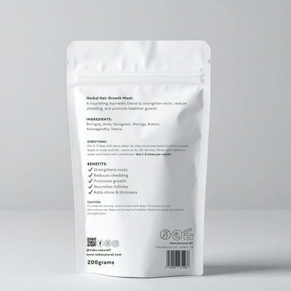 Herbal hair growth mask packaging with text on a gray background
