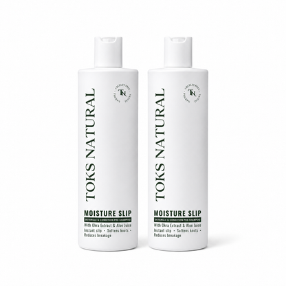 Two bottles of Toks Natural Moisture Slip shampoo on a white background