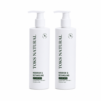 Two bottles of Toks Natural Nourish & Detangling product on a white background