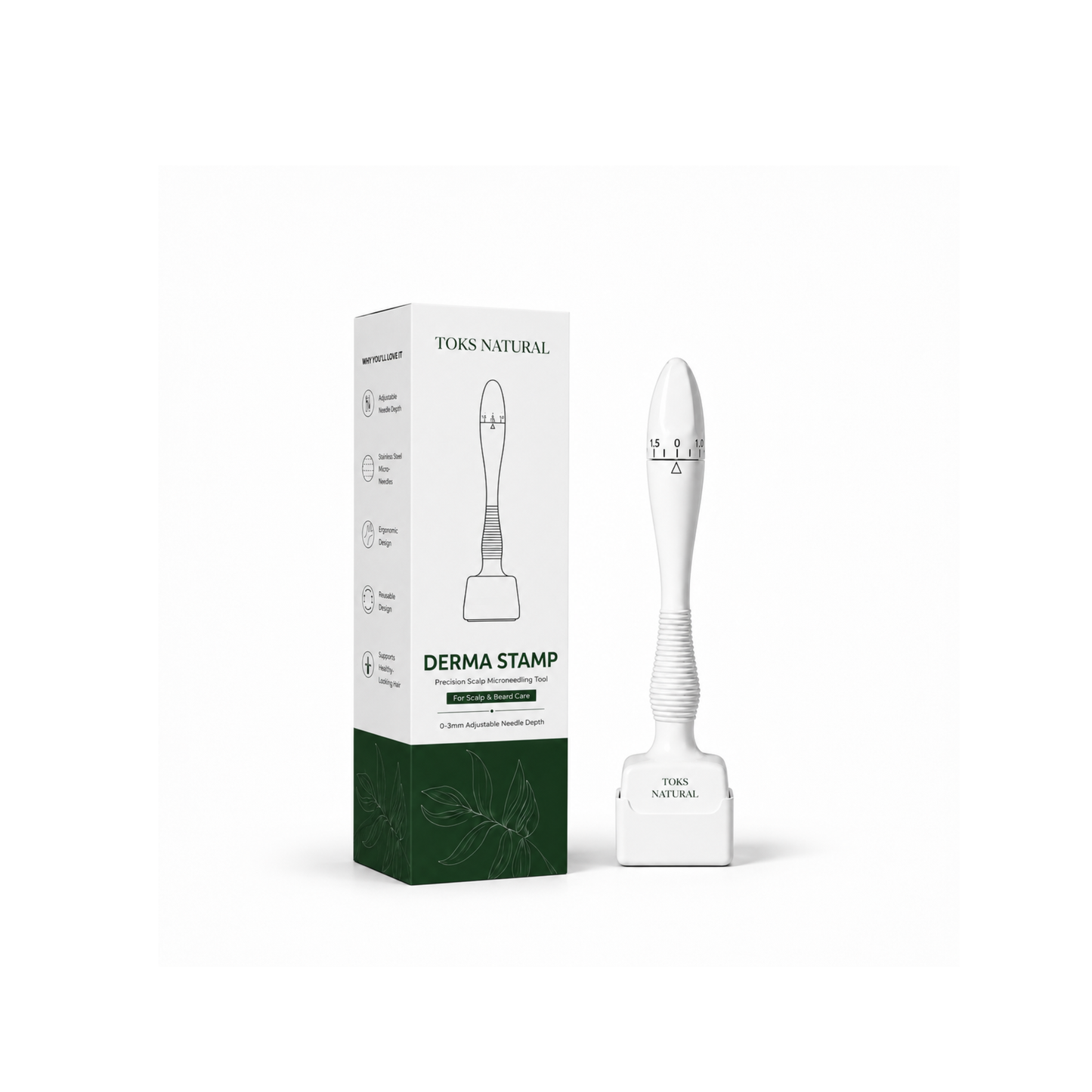 A white derma stamp tool standing next to its white and dark green retail box on a clean white background. The box is branded TORS NATURAL and labeled DERMA STAMP.