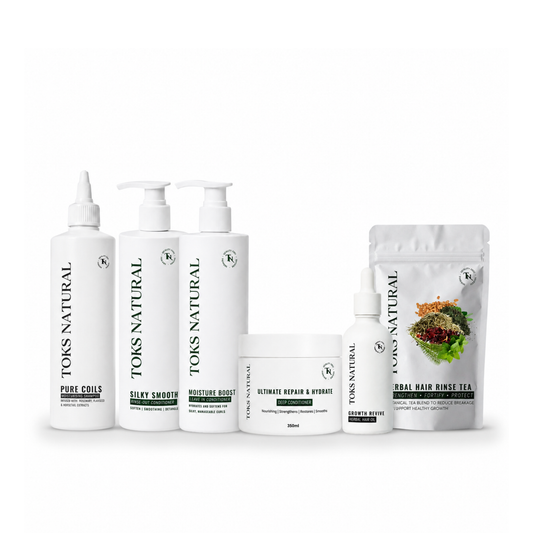 Set of TOKS NATURAL hair care products including bottles and a pouch on a white background