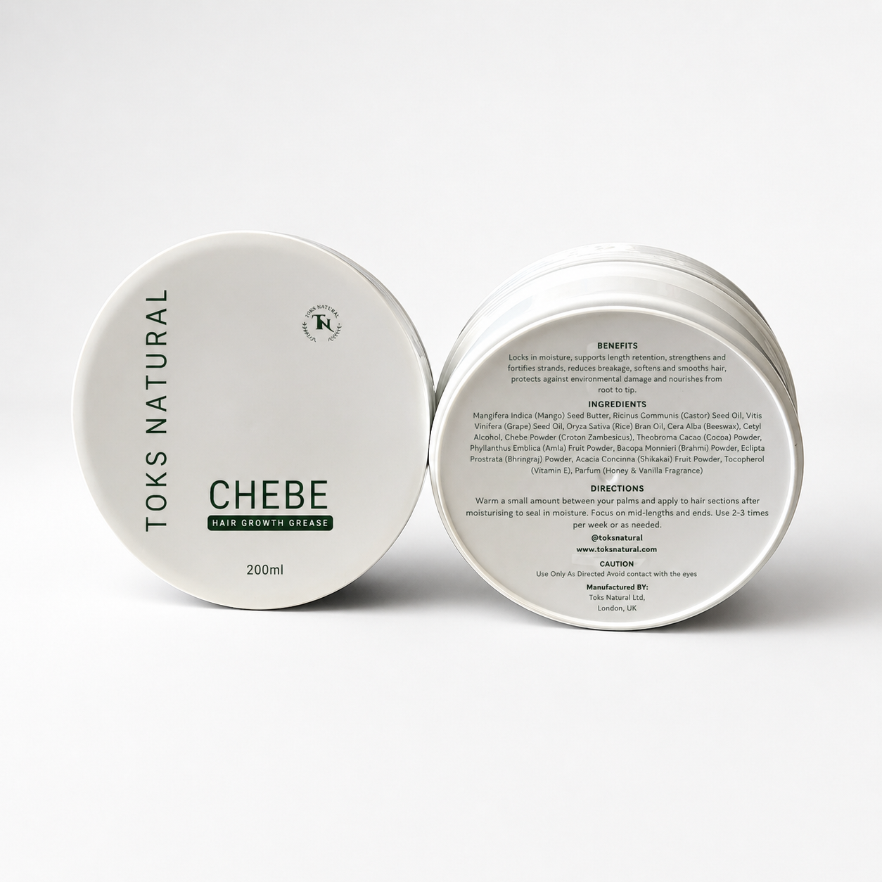 Two containers of Toks Natural Chebe hair growth grease on a white background