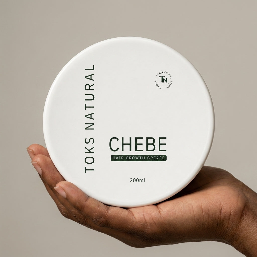 Hand holding a container of Toks Natural Chebe Hair Growth Grease against a beige background