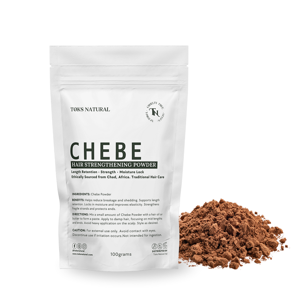 Toks Natural Chebe Hair Strengthening Powder packaging with powder on a white background