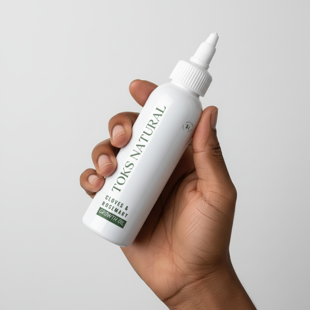 Hand holding a white bottle labeled 'Toks Natural' against a light gray background