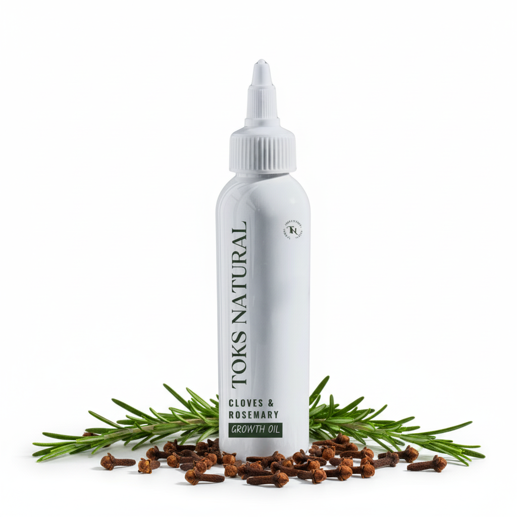 Toks Natural Cloves & Rosemary Growth Oil bottle with clove buds and rosemary sprigs on a white background