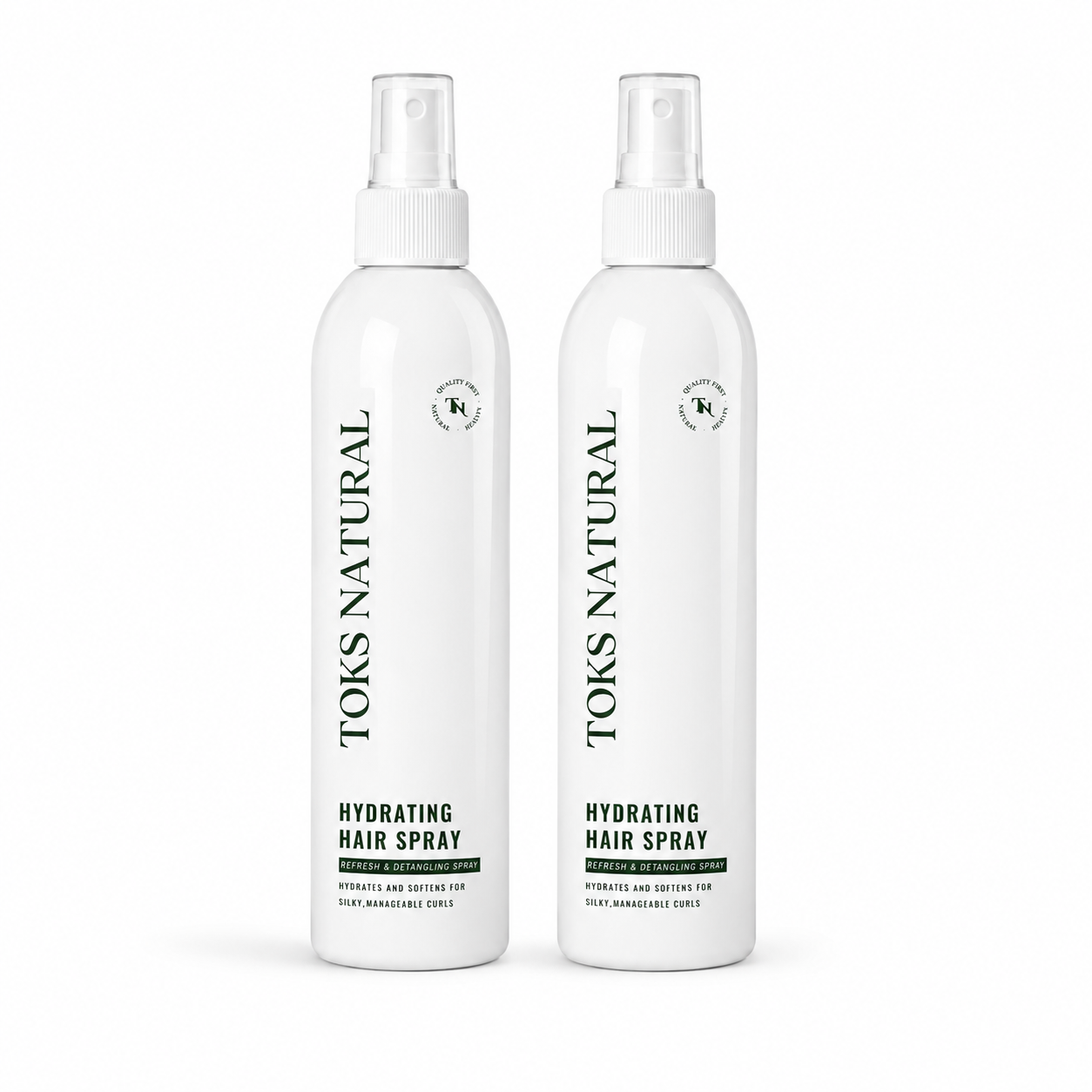 Two bottles of Toks Natural hydrating hair spray on a white background