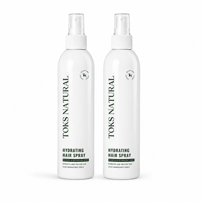 Two bottles of Toks Natural hydrating hair spray on a white background