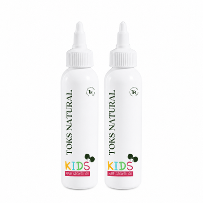 Two bottles of Toks Natural Kids Hair Growth Oil on a white background