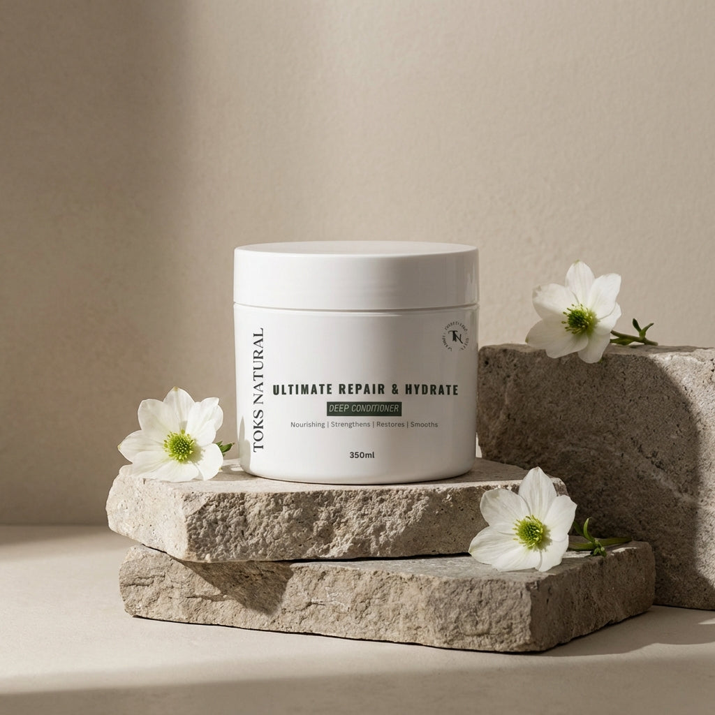 Toks natural ultimate deep conditioning sitting a stone with white flowers.