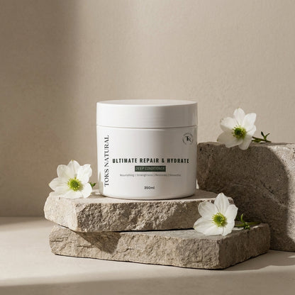 Toks natural ultimate deep conditioning sitting a stone with white flowers.