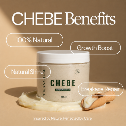 CHEBE product with benefits text on a beige background