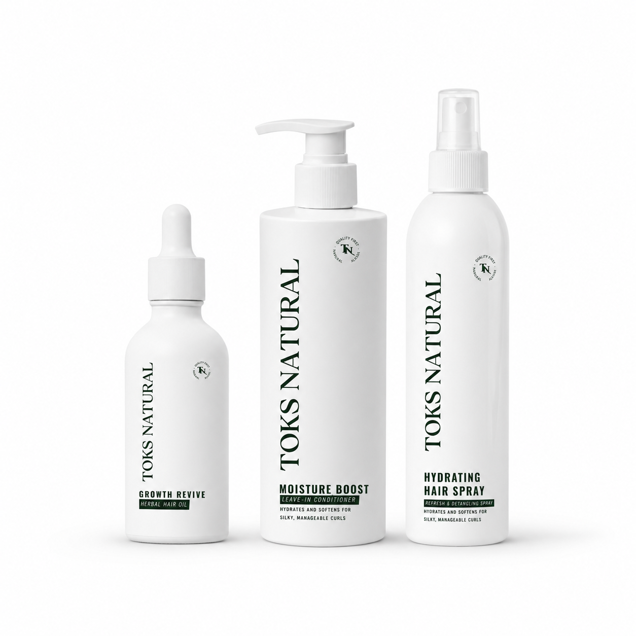 Three TOKS NATURAL hair care products on a white background