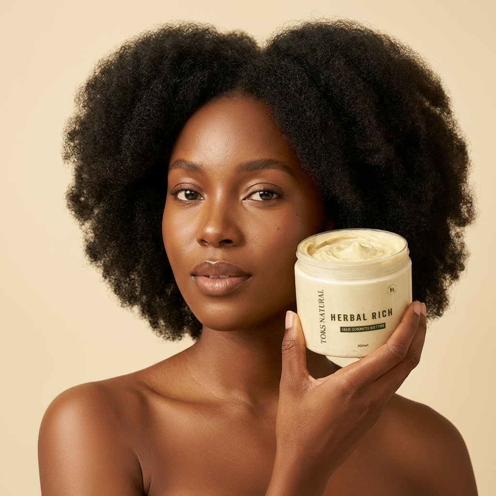 Woman holding a jar of 'Herbal Rich' product against a beige background