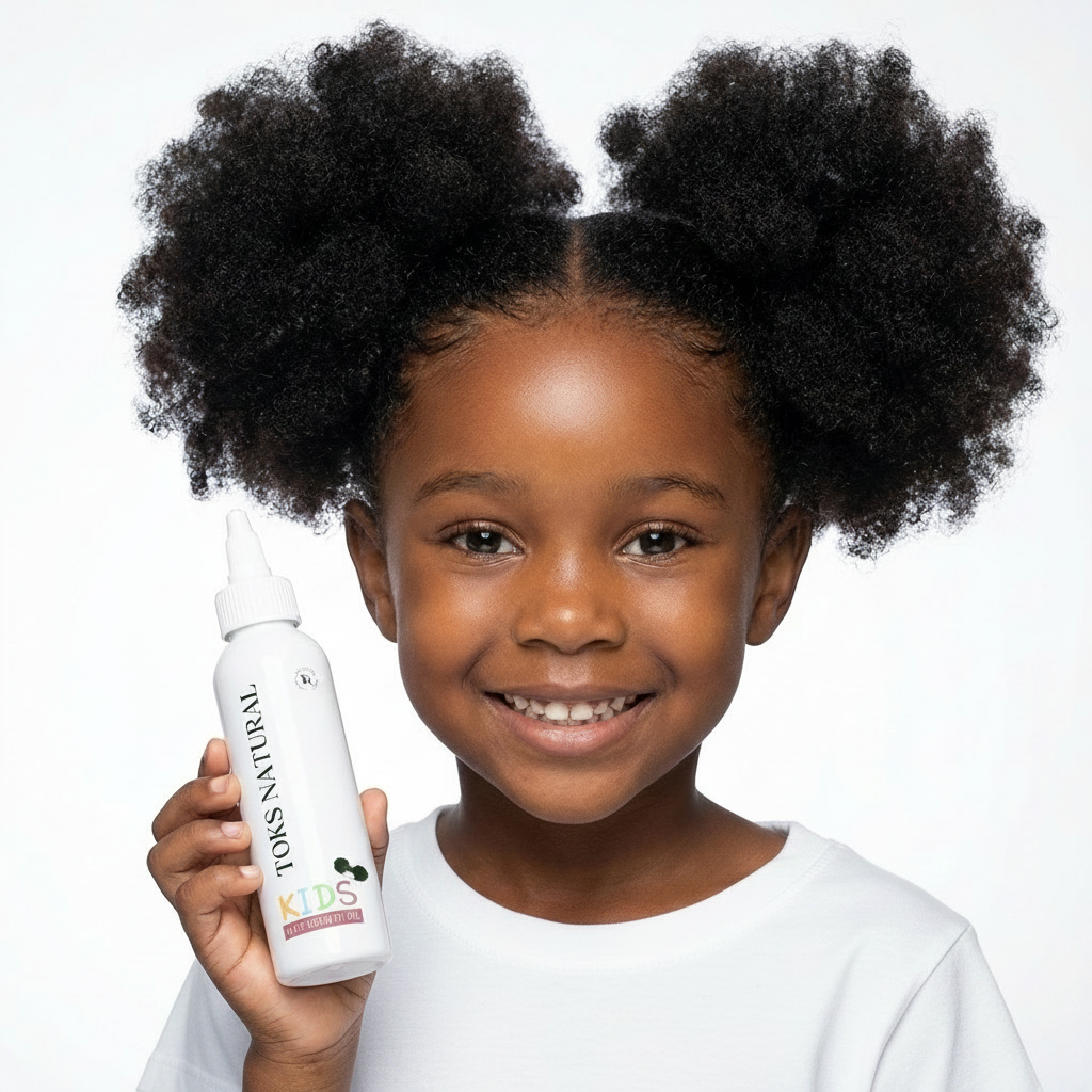 Child holding a bottle of TONS NATURAL hair product against a white background
