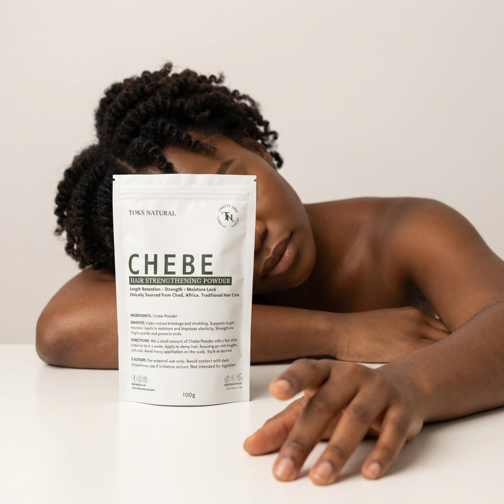 Person holding a container of 'Chebe' powder with a neutral background