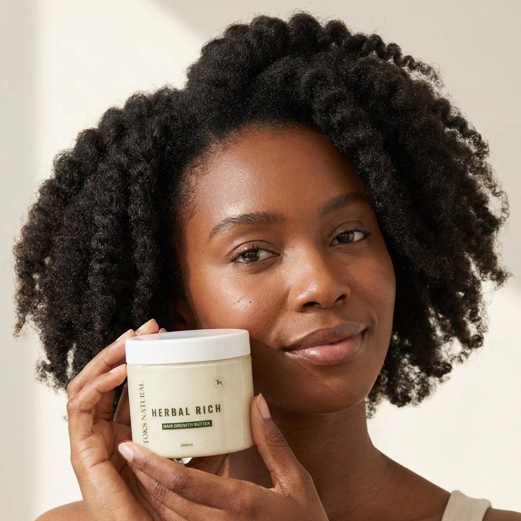 Woman holding a jar of 'Herbal Rich' product against a neutral background