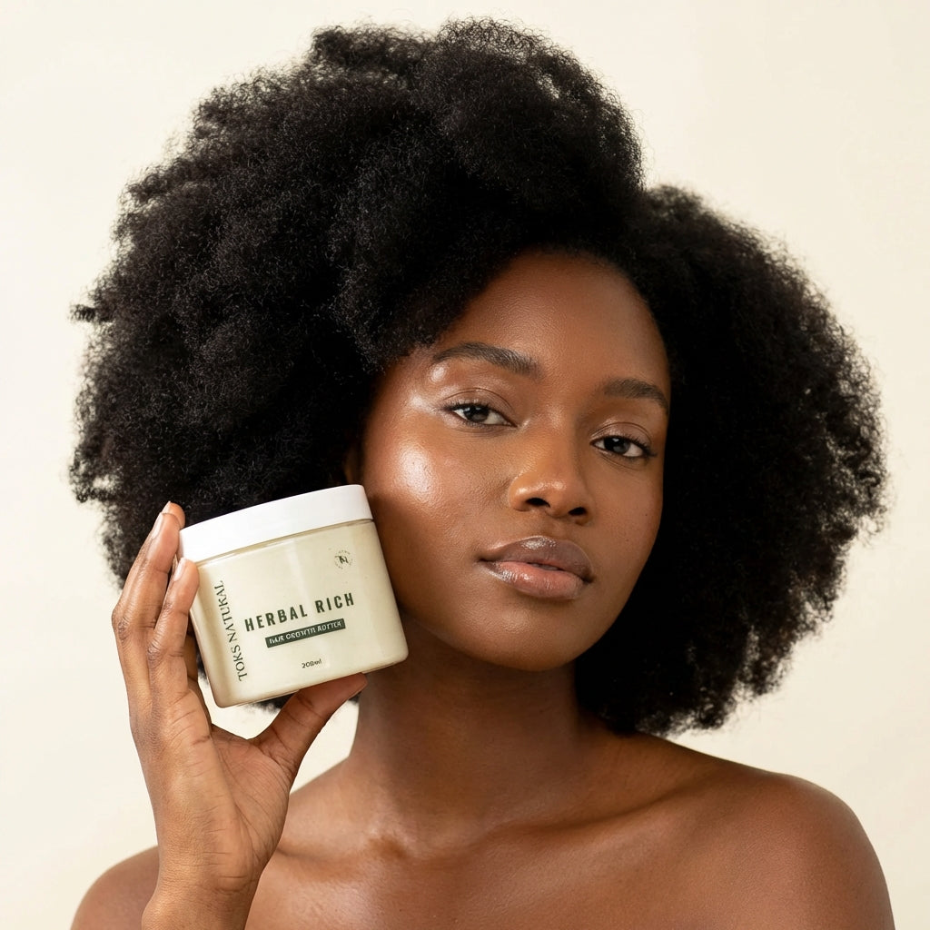 Woman holding a jar of TONI&GUY Herbal Rich product against a beige background