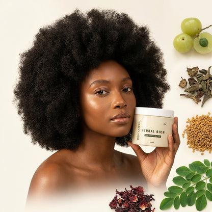 Woman holding a jar of 'Herbal Rich' product with natural ingredients around her.