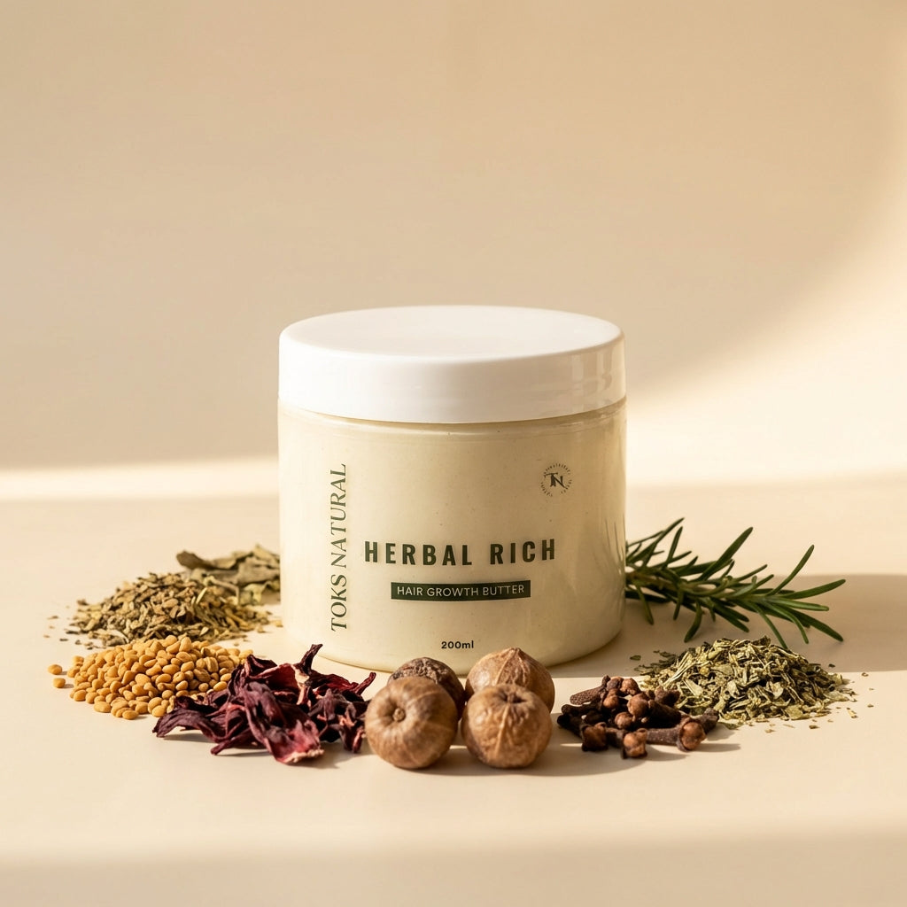 Jar of 'Herbal Rich' hair growth butter with herbs and plants on a beige background