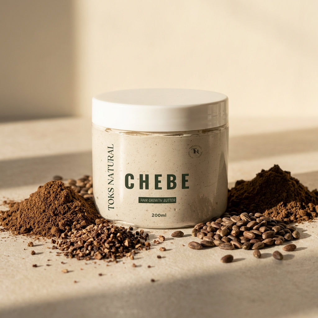 Toks Natural Chebe hair growth butter jar with chebe powder around on a neutral background