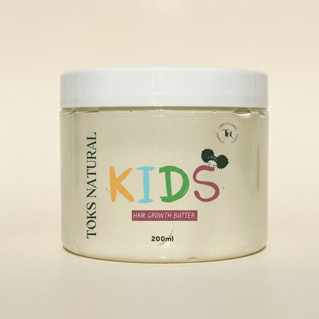 Jar of TOKS NATURAL Kids Hair Growth Butter on a beige background