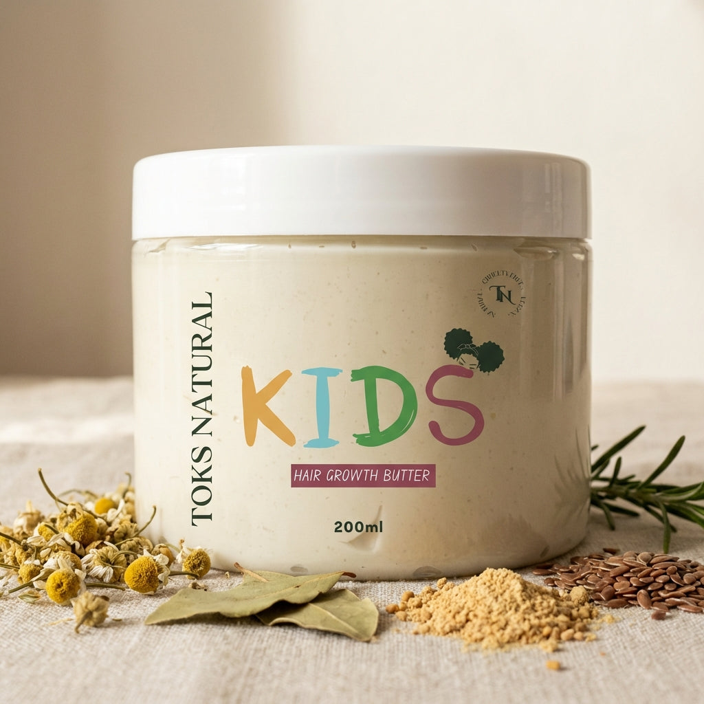 Toks Natural Kids hair growth butter jar with natural ingredients on a neutral background