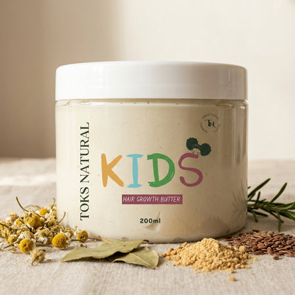 Toks Natural Kids hair growth butter jar with natural ingredients on a neutral background