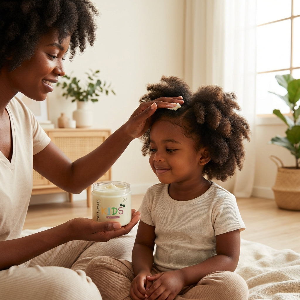 Woman and child sitting on a bed with a candle labeled 'KIDS' in the foreground.