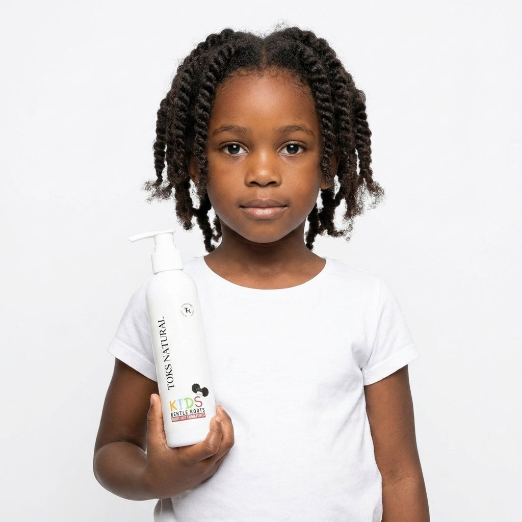 Child holding a bottle of Toni's Natural Kids product against a white background