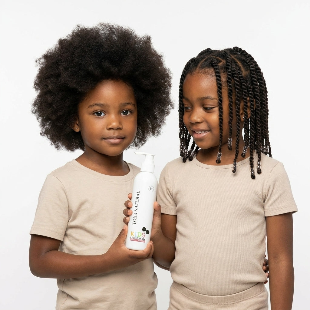 Two children holding a bottle of 'Dr. X' product against a white background