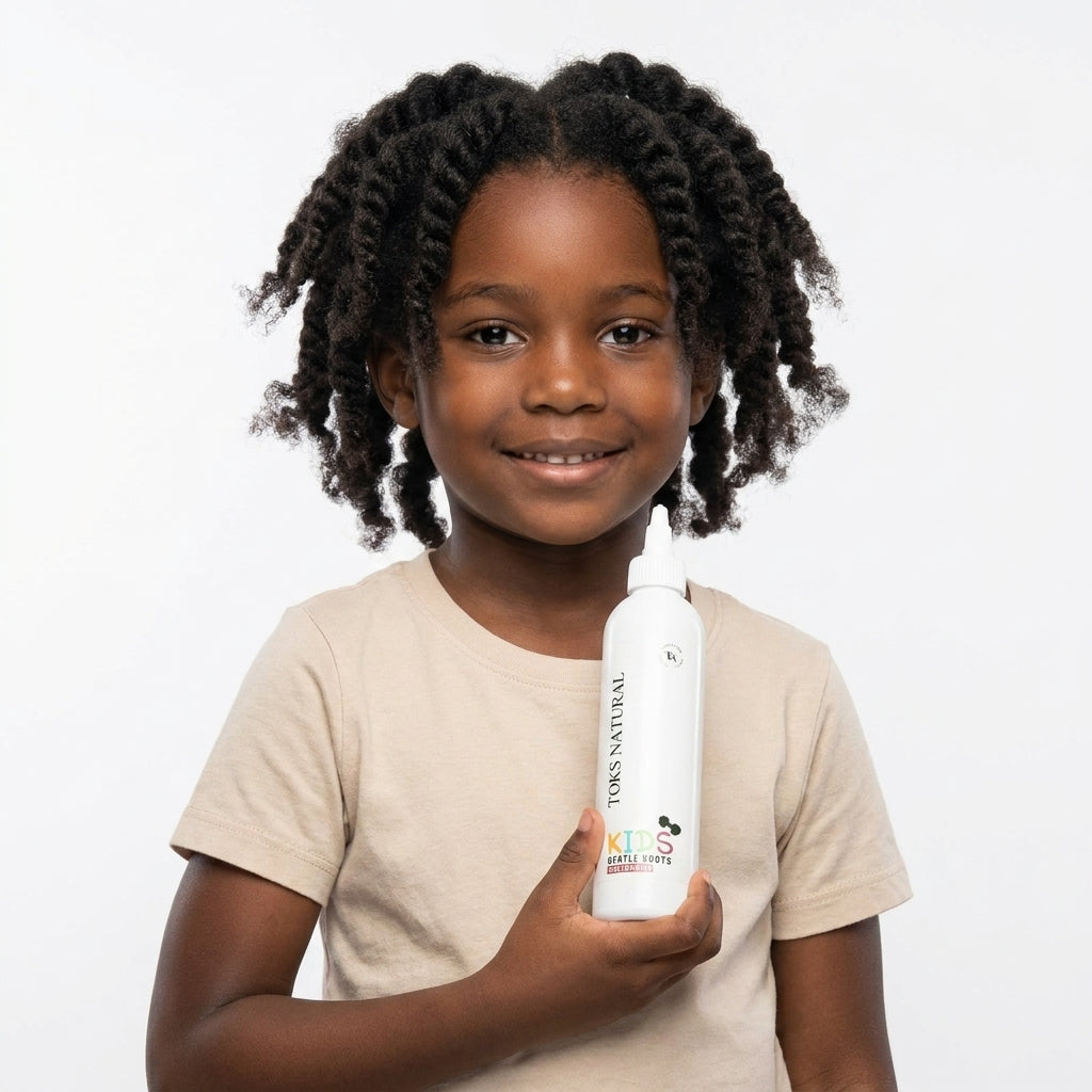 Child holding a bottle of Tork's Natural hair product against a white background