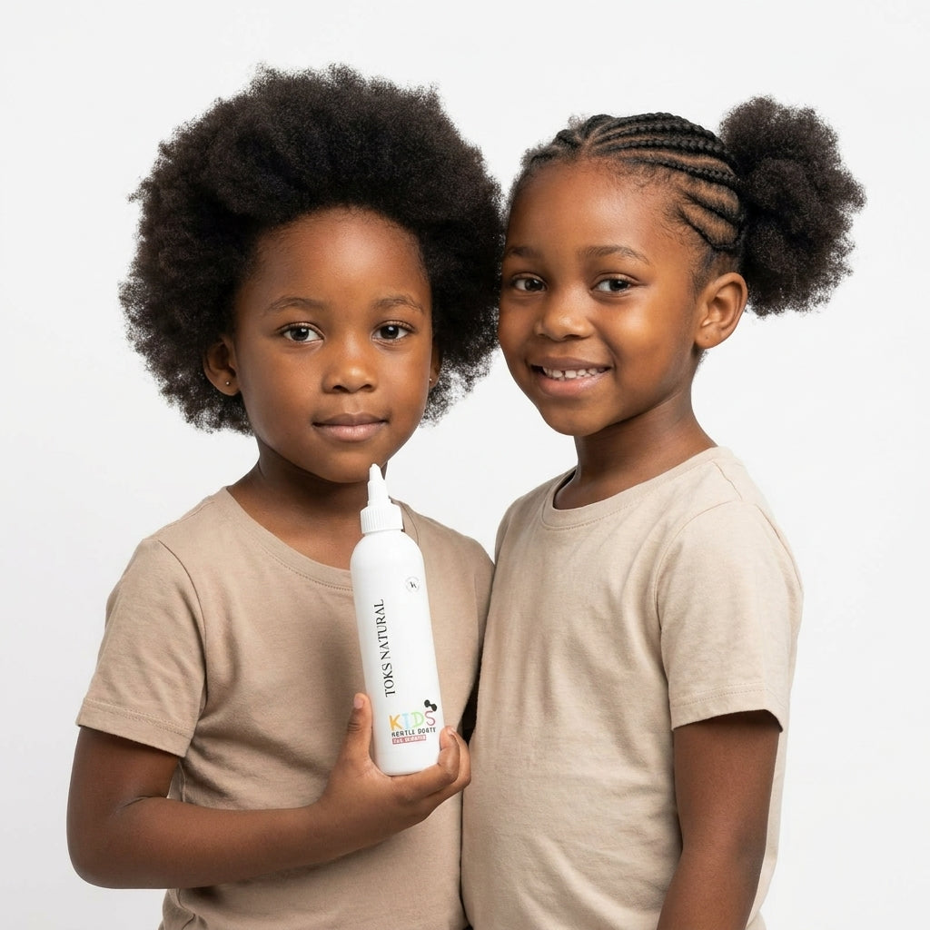 Two children holding a bottle of shampoo against a white background