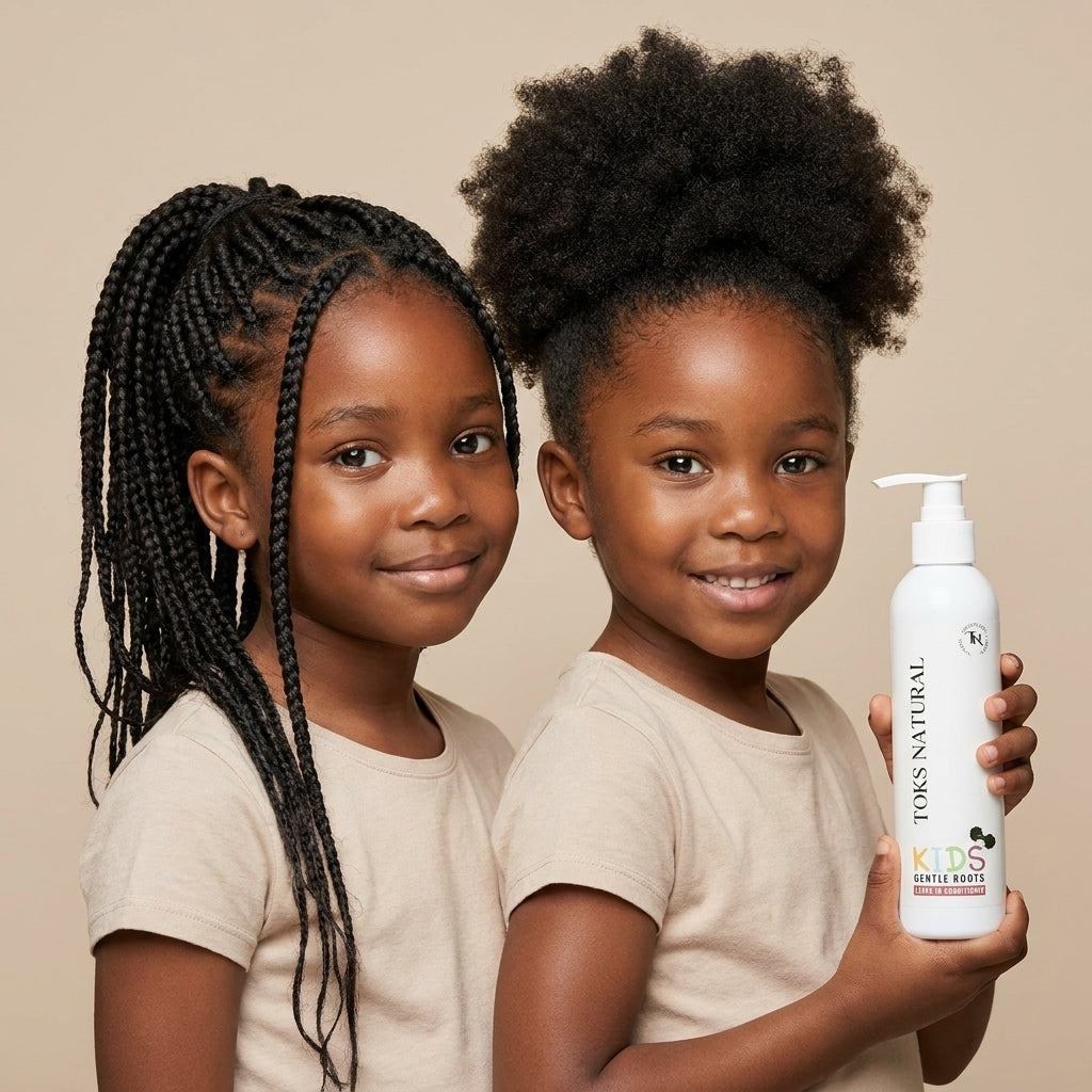 Two young girls holding a bottle of Toks Natural Kids product against a beige background