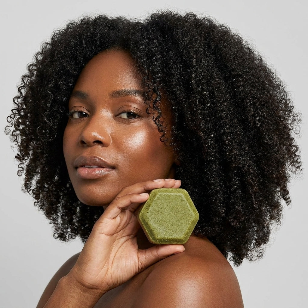Woman holding a green hexagonal bar of soap against a neutral background