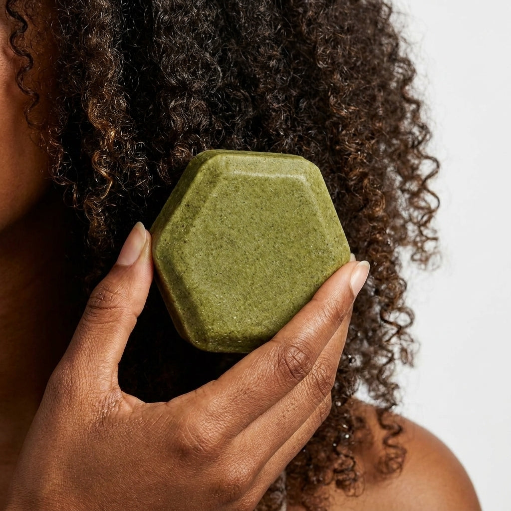 Person holding a green shampoo bar of soap close to their curly hair.